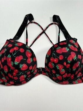 Victoria Secret 38C Bombshell Push Up Bikini Top Shine Strap Cherry Print